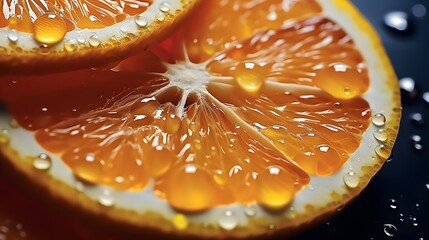 Fresh ripe oranges on dark background. A macro shot capturing the vibrant texture and water drops on a fresh orange slice - Powered by Adobe
