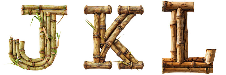 Sustainable Bamboo Letters J K L Isolated on Transparent or White Background, PNG