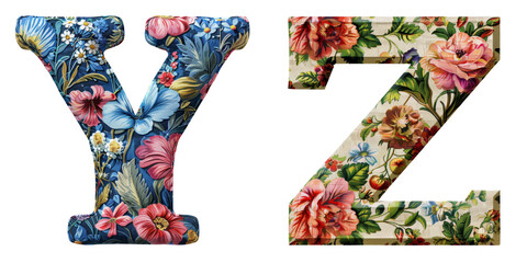 Floral Pattern Fabric Letters Y and Z Isolated on Transparent or White Background, PNG