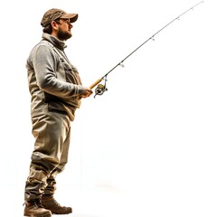 Man with fishing rod isolated on white background Generative Ai  - 746341762