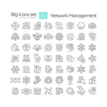 Network management linear icons set. System architecture, digital administration. Performance monitoring. Customizable thin line symbols. Isolated vector outline illustrations. Editable stroke