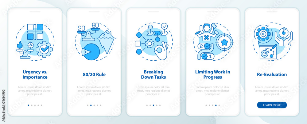 Wall mural prioritization principles blue onboarding mobile app screen. walkthrough 5 steps editable graphic in