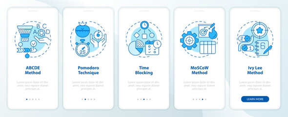 Prioritization techniques blue onboarding mobile app screen. Walkthrough 5 steps editable graphic instructions with linear concepts. UI, UX, GUI template. Myriad Pro-Bold, Regular fonts used - obrazy, fototapety, plakaty