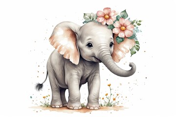 Baby elephant with flower, nursery art style, birthday invitations, white background
