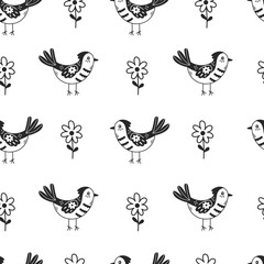 Bird and flower seamless pattern doodle. Cute cartoon songbird and chamomile in Scandinavian style. Hand drawn black and white background for spring and summer design. Childish repeat vector 