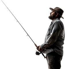 Man with fishing rod isolated on white background Generative Ai  - 746342197