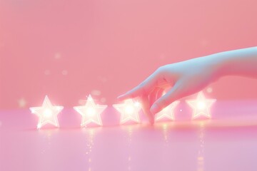digital stars shining with a finger pointing to stars on a pastel pink background, approval rating concept