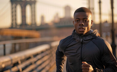 Young athlete man in the midst of his morning jog, with the iconic Brooklyn Bridge and New York...
