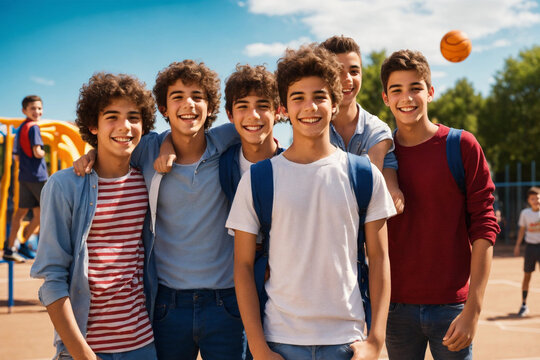 A realistic photograph of a group of five different  friends, all five are 15-year-old boys, smiling, having a good time, sunny day