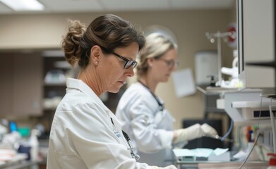 Dedicated healthcare professionals conducting medical research in a laboratory setting. Scientific discovery, dedication to patient care, and the rigorous process behind medical advances.