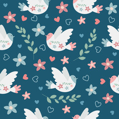 Vector seamless pattern with birds, flowers, leaves, in folk style. Doves of peace. For textiles, clothing, bed linen.