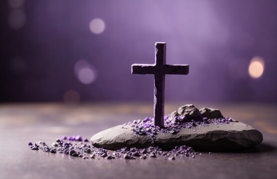 Cross of ashes on a stone surface, purple cloth in the background