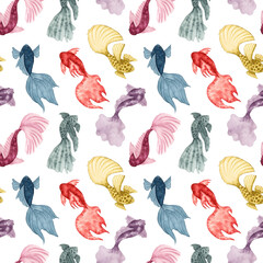 Seamless fish pattern.Watercolor illustration.Simple, stylized style of sea animals. Hand drawn isolated illustration. Underwater world of marine wildlife for banner or ornament. Ocean and sea