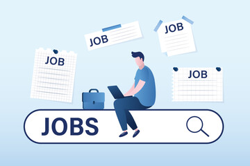 Businessman looking for new job. Employment, career or job search. Notes with job offers. Find opportunity, seek for vacancy or work position. Job search bar, online service.