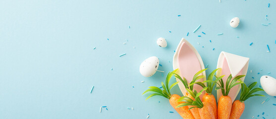 Easter theme with top view of playful peeking bunny ears, eggs, cluster of carrots, and vibrant...