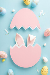 Enchanting Easter creativity visualized. Top-view vertical photo showcasing playful bunny ears...