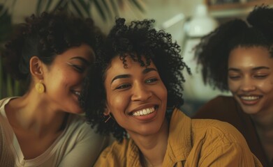 Trio of female friends sharing a laugh, enjoying each other's company. Friendship, LGBTQ, diversity, and the simple pleasure of being together. - obrazy, fototapety, plakaty