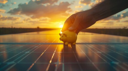 Hand placing a piggy bank on a solar panel at sunset, symbolizing investment in renewable energy savings. - obrazy, fototapety, plakaty