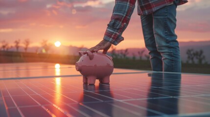 Person placing a piggy bank on solar panels during sunset, symbolizing investment in sustainable energy. - obrazy, fototapety, plakaty