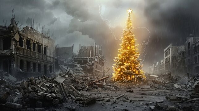 Conceptual image of a lit Christmas tree amidst the ruins of a destroyed cityscape.