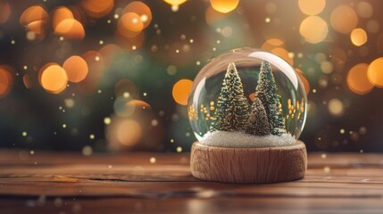 Fototapeta na wymiar A glittering Christmas snow globe with pine trees, resting on a wooden surface against a blurred light backdrop.