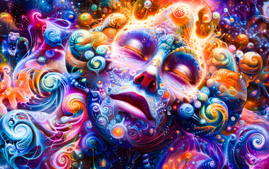 Cosmic Surrealism with Dreamlike Face and Swirls. - obrazy, fototapety, plakaty