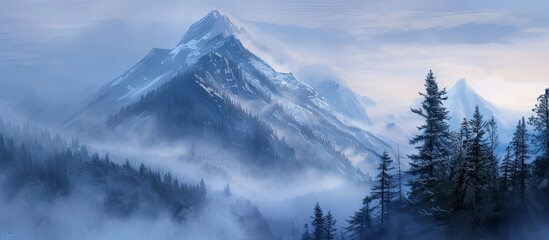 A painting depicting a majestic mountain peak enveloped in dense fog. The mist swirls around the rugged terrain, shrouding the peak in a mysterious and ethereal atmosphere.