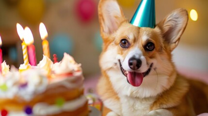 A joyful Pembroke Welsh Corgi wearing a party hat, celebrating with a colorful birthday cake.