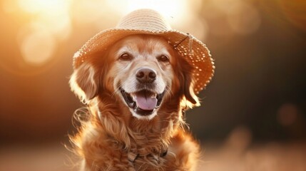 An adorable Golden Retriever wearing a straw hat basks in the golden glow of sunlight, radiating happiness and warmth.