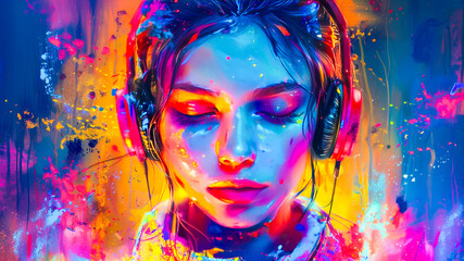 Vibrant Neon Portrait of Woman with Headphones.