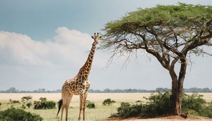 Naklejka na ściany i meble A giraffe standing by a tree, sunny hot weather, animal wildlife