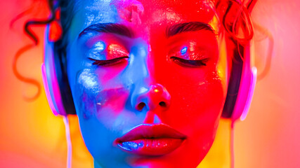 Obraz premium Vibrant Neon Portrait of Woman with Headphones.