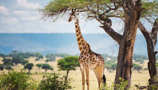 A giraffe standing by a tree, sunny hot weather, animal wildlife