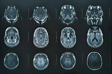 Illustration of MRI sequence showing the progression of a brain tumor over time from initial diagnosis to advanced stage. Each frame illustrates a different stage.