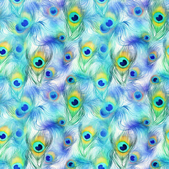 Obraz premium Watercolor Peacock Feather Seamless Pattern, Aquarelle Plumage, Watercolor Exotic Feather Tile