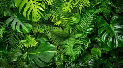 A dense and vibrant green background formed by a variety of tropical leaves, symbolizing nature and growth.