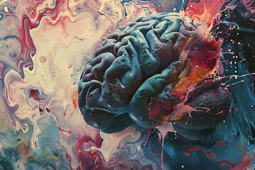 Illustration brain affected by stroke visualized through an abstract expressionist style where the damaged areas are highlighted in explosive colors and textures. Brain background.