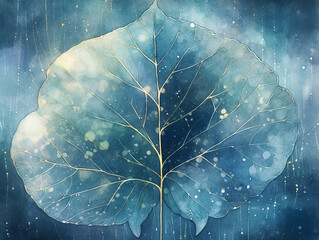 Close-up of a lush, oversized leaf, its veins highlighted by the journey of sparkling gold droplets, a symbol of natural wealth