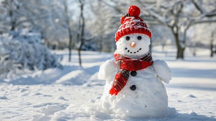Obraz premium A delightful snowman adorned with a red and black hat and scarf smiles on a bright winter day, surrounded by a snowy landscape.