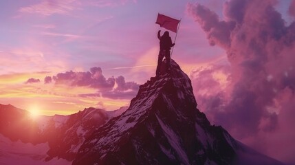 Silhouette of a climber with a flag on a mountain peak at sunset, conveying triumph and adventure. - obrazy, fototapety, plakaty