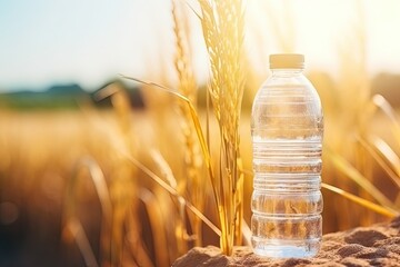 Plastic Water Bottle Dripping, Hot Summer Day on Blurred Rustic Harvest Background, Sun Shines