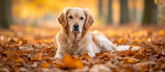 Adorable dog relaxing in a bed of vibrant autumn leaves in a peaceful park setting