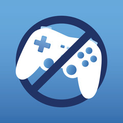 No gaming sign. White game joystick icon. Forbidden sign. Game is prohibited. No games poster. Stop play video games. Gamepad, joystick icon in prohibition symbol.