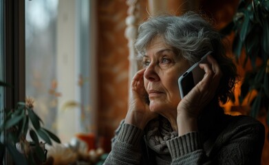 Reflective elderly woman having a phone conversation by the window. Connection, communication across generations, and the quiet moments of everyday life. Mix of introspection and engagement.