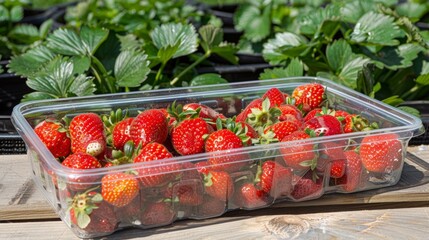 Ripe strawberries in a clear plastic container on a wooden surface with strawberry plants in the background.