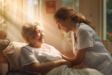 Obraz premium Nurse helping senior, elderly care. Healthcare, medicine, medical, nursing home, hospital and clinic