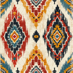 Ethnic ikat seamless pattern geometric abstract designs with traditional motifs.