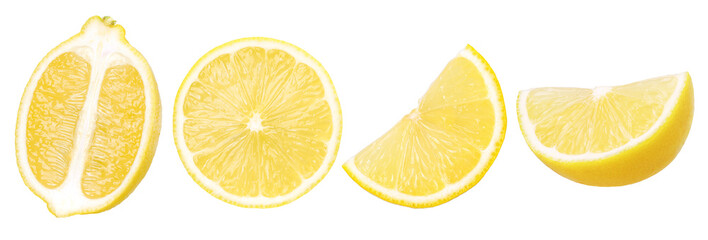 slice lemon fruit and half isolated, Fresh and Juicy Lemon, transparent PNG, PNG format