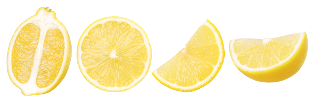 slice lemon fruit and half isolated, Fresh and Juicy Lemon, transparent PNG, PNG format
