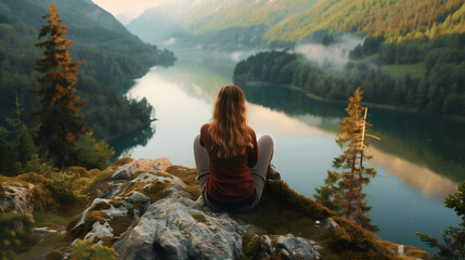 Inspirational image of a woman solo travelling to the top of a mountains with cinematic river view as a background. Background design for the women's day social media posts.